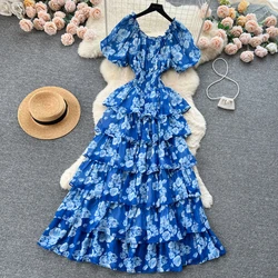 Manica corta O collo stampato floreale moda femminile a vita alta Casual donna stile Lolita Ruffles abiti Vintage da donna