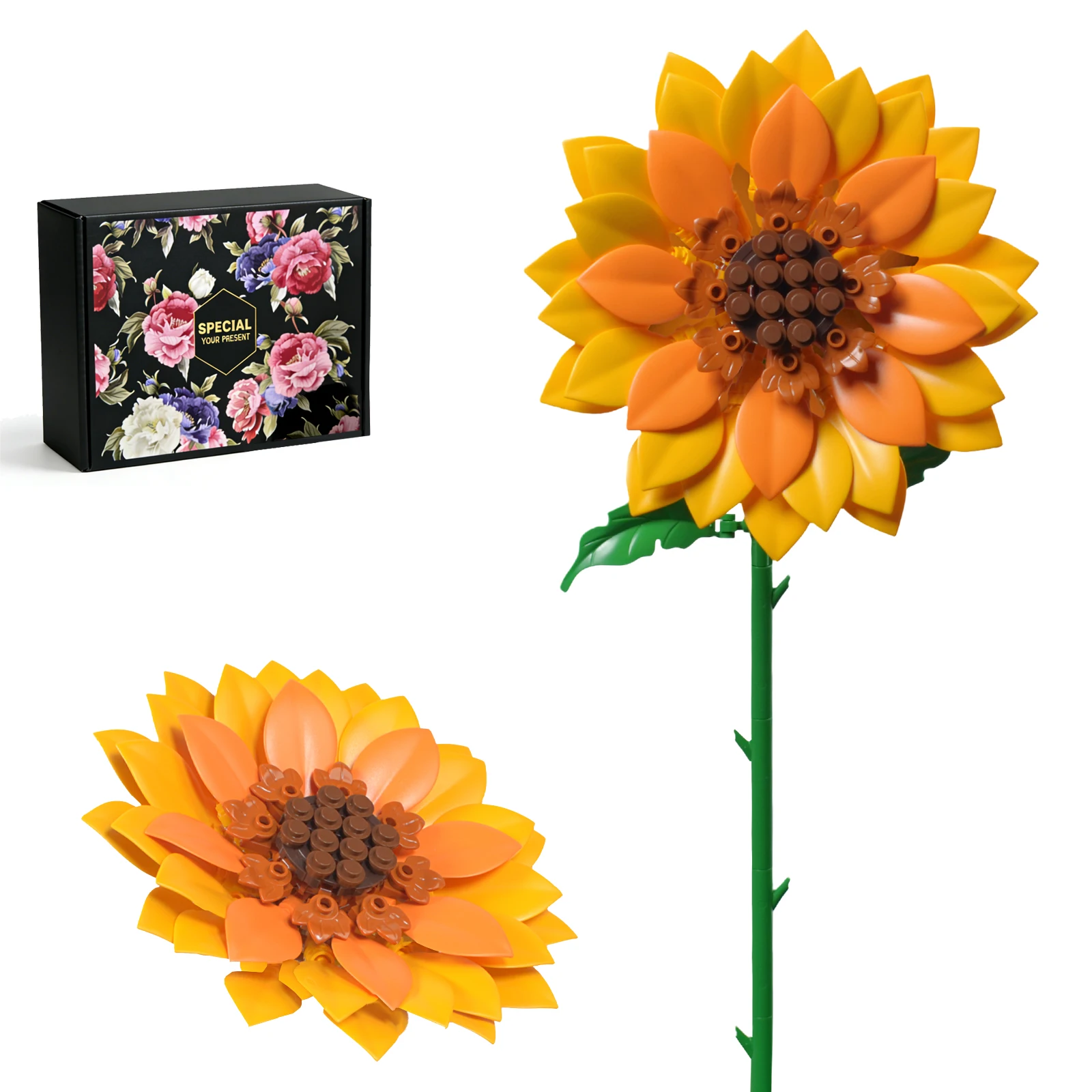 Sunflower Blossoms Building Block Bouquet Flowers Featuring Gradient Petal Details Ideal for Tabletop Display Home Deco（176 Pcs）