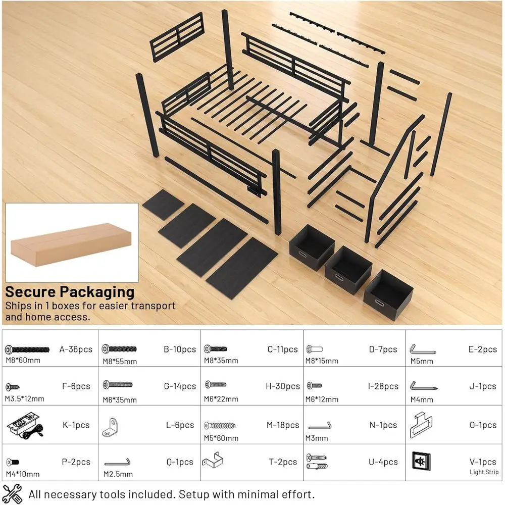 Space-Saving Twin Bunk Bed with Storage, Desk, Shelves, Power Outlet, LED Lights, Safety Rails & Metal Slats - Black view 6