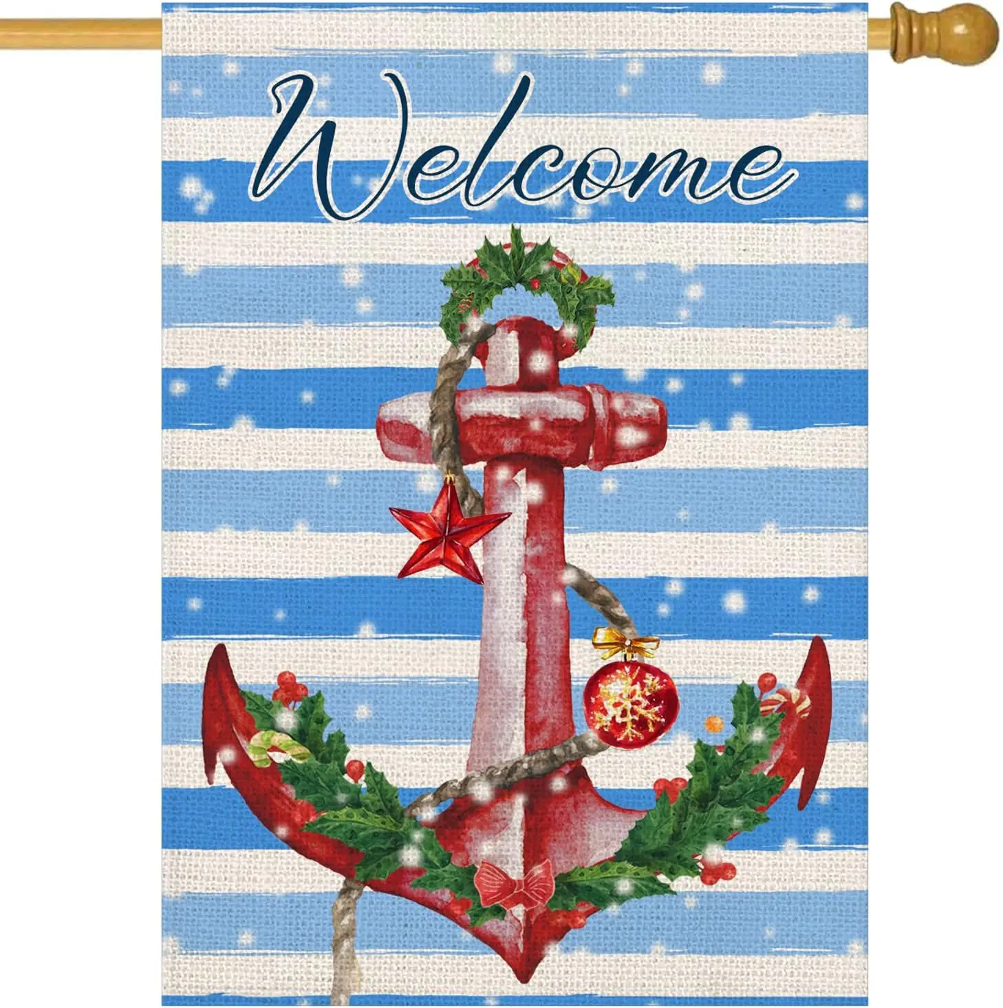 Christmas House Flags 28x40 Inch Double Sided Burlap Winter Welcome Boat Flag Blue and White Striped Garden Flag Xmas Snowing De