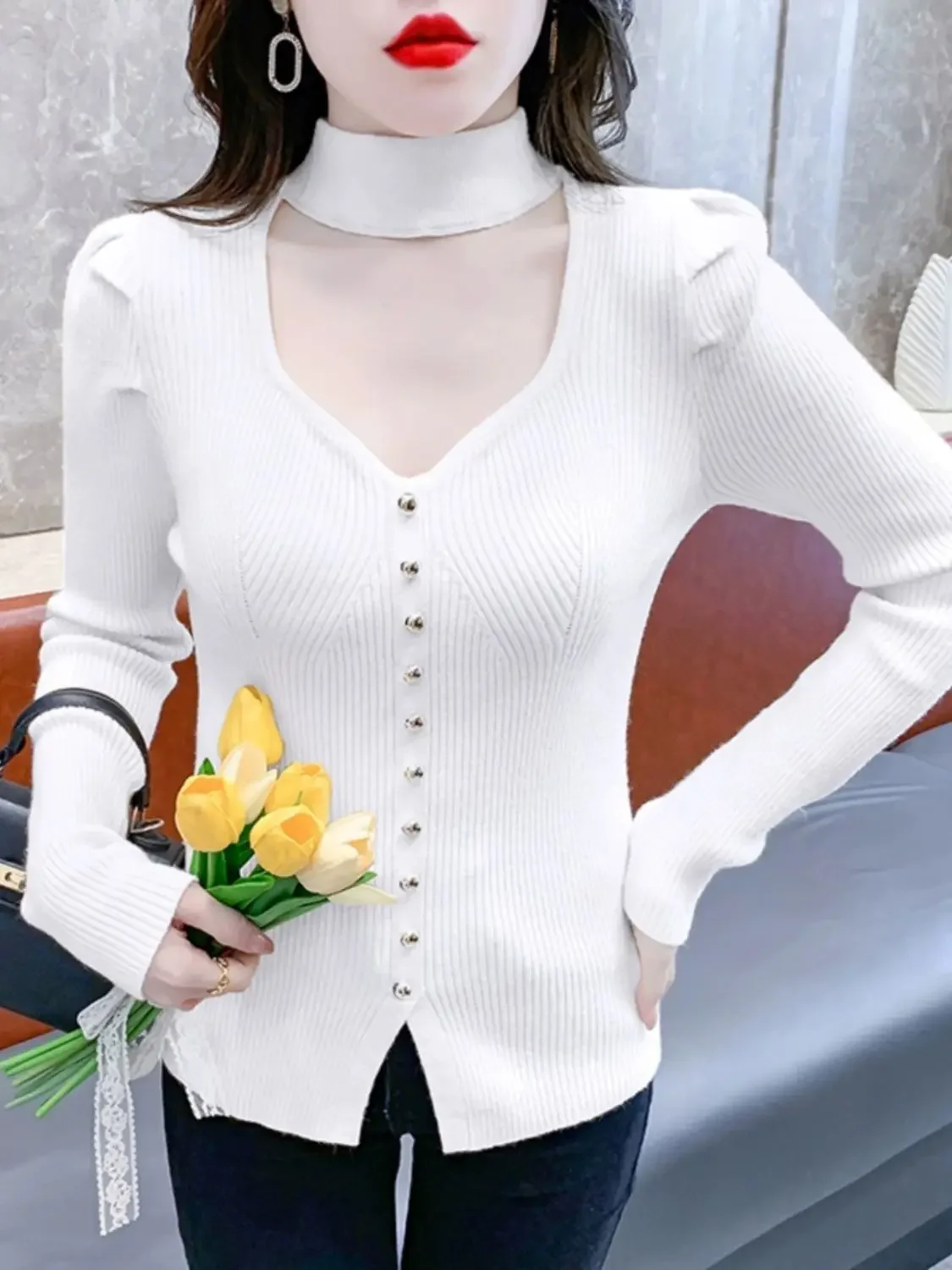 French Style Hanging Neck with Hollow Out Inner Lining Knitted New Versatile Slim Fit Small Fragrant Style Sweater for Women