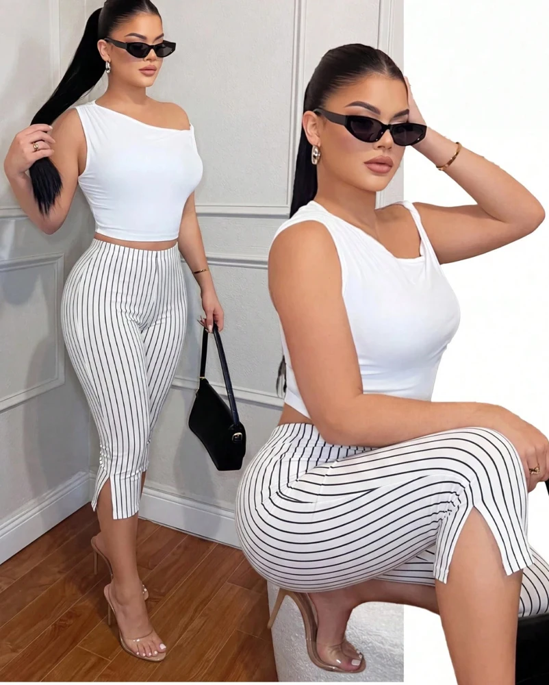 Damen Caprihose mit Zebramuster, hoher Taille, seitlichem Schlitz, enganliegend, kurz geschnitten, Y2K Bodycon Hose, Party- und Clubkleidung – Detail 2