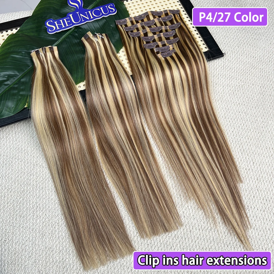 P4/27 Color Straight PU Clip Ins Hair Extensions Highlight 100% Human Hair 100g/Set 7pcs Seamless Invisible PU Weft For Women
