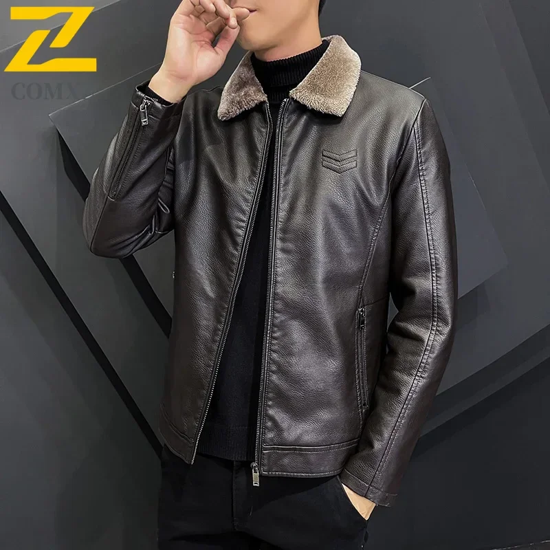 Winter Fashion Warmth Thickened Leather Jacket Lapel Solid Zipper Design Plus Size 4XL-M WorkCoat Men\'s Leather Jacket