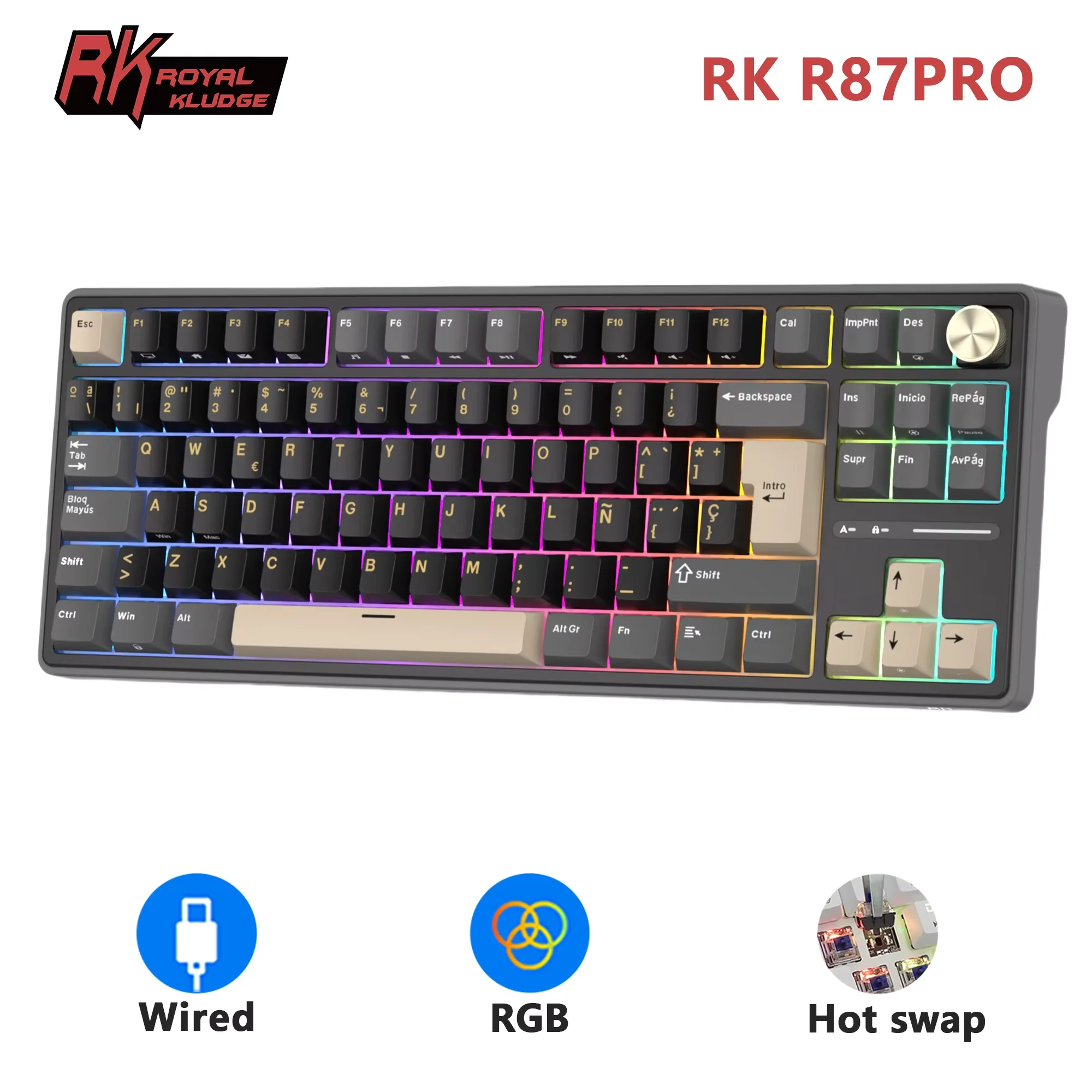 Teclado Gamer RK Royal Kludge RK R87Pro con Cable, Intercambiable en Caliente, 88 Teclas Mecánicas, Retroiluminación RGB al 88%, con Teclas PBT