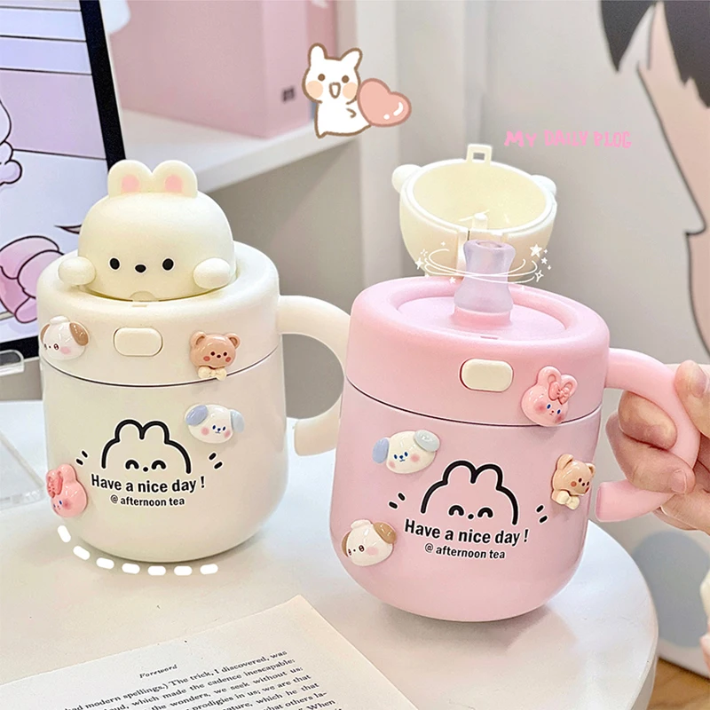 Taza térmica de oso Kawaii, vaso de café aislado para bebidas frías calientes, agua, té, termo grande, taza de acero inoxidable con tapa de paja