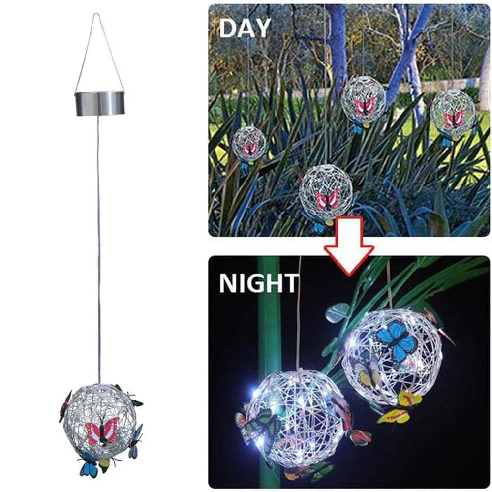 Colorful Butterfly Solar Light Garden Hanging Solar Light Round Light with Butterfly with Waterproof Weaving Lamp Garden Decor