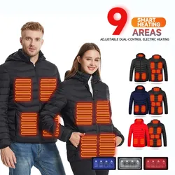 Chaqueta de calefacción eléctrica para hombres, control dual, nueve zonas, interruptor de alimentación USB, chaqueta con capucha de algodón cálida inteligente, gran oferta