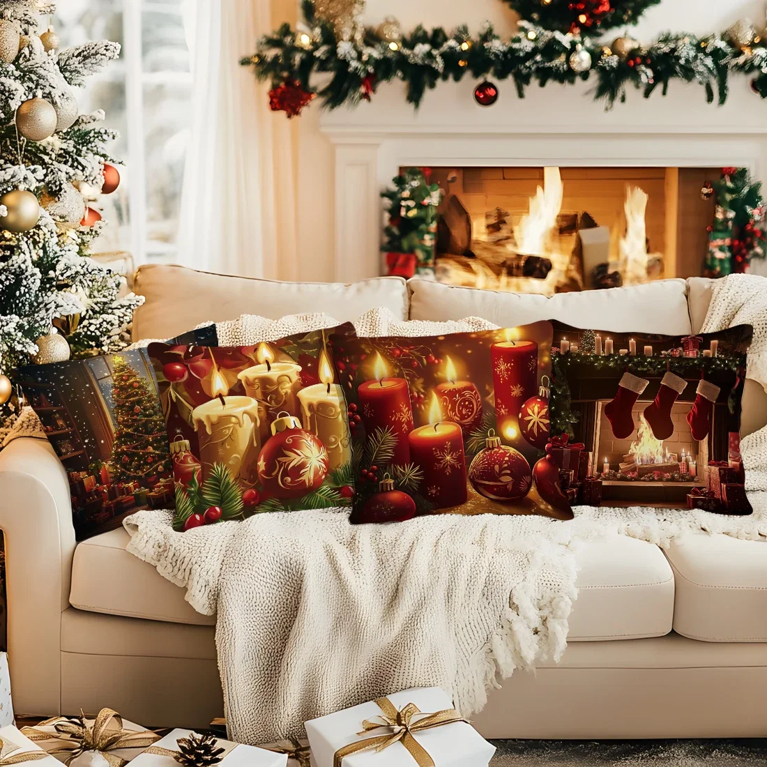 4 Pcs Christmas Trees And Candles Single-sided Printed Pillowcase Cushion Cover,suitable For Living Room,bedroom,car Decoration