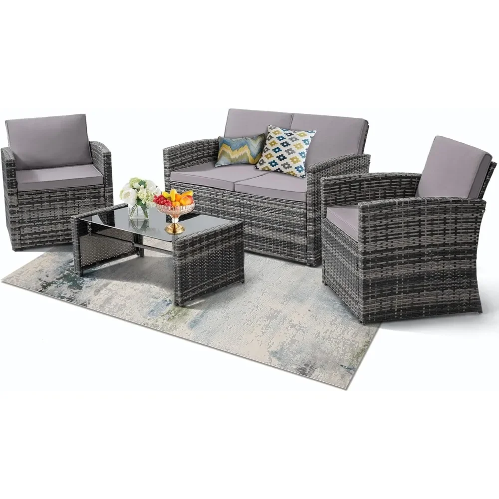 Conjunto de conversación para Patio, sofá Seccional de mimbre exterior, juego de muebles acolchados, sofá de mimbre Ideal para jardín, Patio trasero, 4 piezas