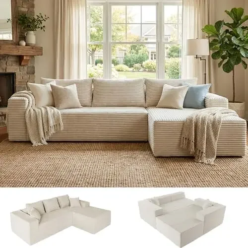 Boneless Couch, Cloud Couch Sectional, L-Shape Corduroy Modular Sectional Sofa Deep Seat, Upholstered Couches for