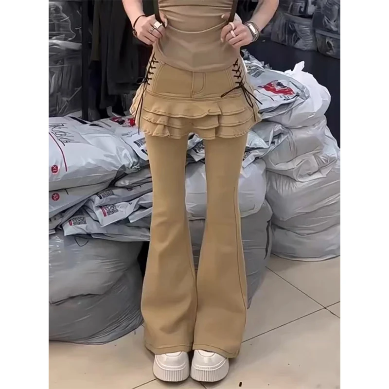 

Женские винтажные джинсы цвета хаки, расклешенные джинсы из двух частей, джинсовые брюки Kpop Y2k, американские ретро Y2k, узкие брюки, расклешенный низ