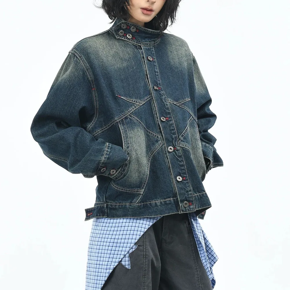 American Retro Long Sleeve Denim Coat Women's Multi Button Design Stand Collar Loose Jackets Autumn Casual Versatile Outerwear