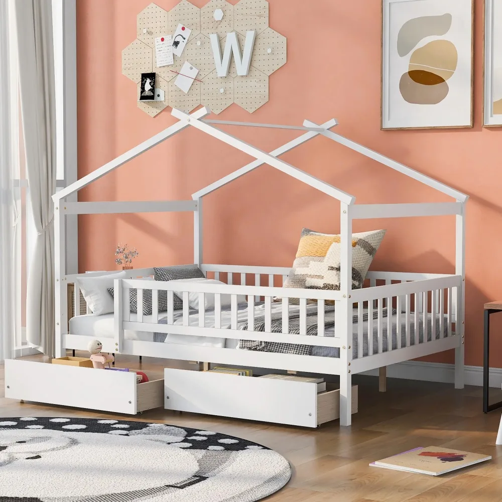 

Full Size House Bed with Storage Drawers Playhouse Platform Bed Wooden House-shaped Beds Frame with Fence Guardrail and Roof