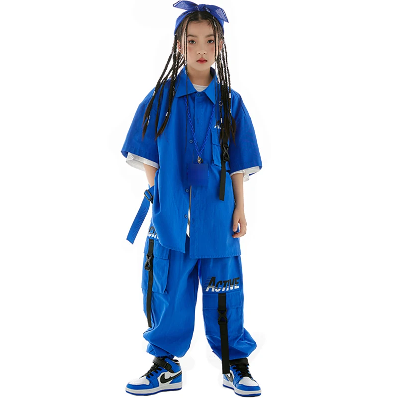 Ropa de Hip Hop para niños, camisa de manga corta suelta, pantalones de abrigo, traje de baile callejero de tambor, traje de actuación de Jazz para niñas, azul, L10894