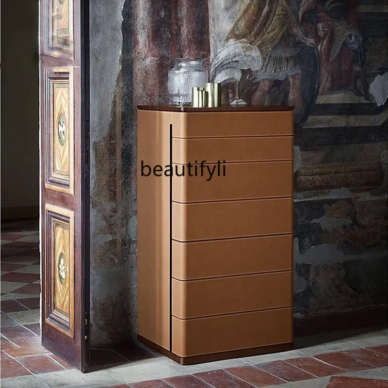 

yj Italian Light Luxury Saddle Leather Chest of Six Drawers Walnut Color Curio Cabinet Marble Top Side Cabinet