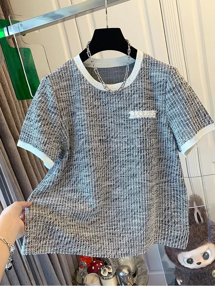 French Chic Tweed Knit Short Sleeve T Shirt Women Elegant Gentle Blouse Fashion Ladies Casual Tops