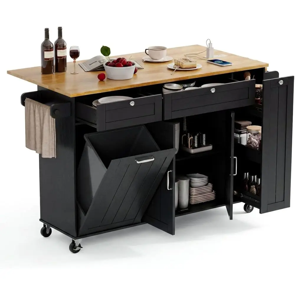 

Black Kitchen Island with Storage, Drop Leaf, Power Outlet, Trash Cabinet, Spice & Towel Racks