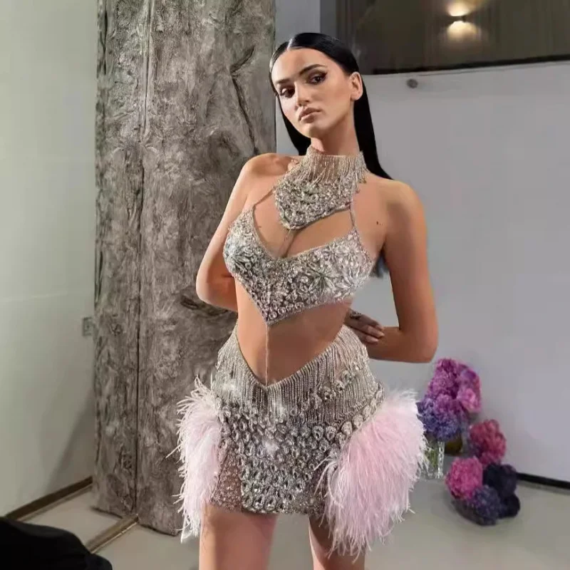 

New Arrival Women's Dress Pink Feather Rhinestone Sexy Hollow Out Halter Sequin Dress Fashion Hot Party Performance Gown