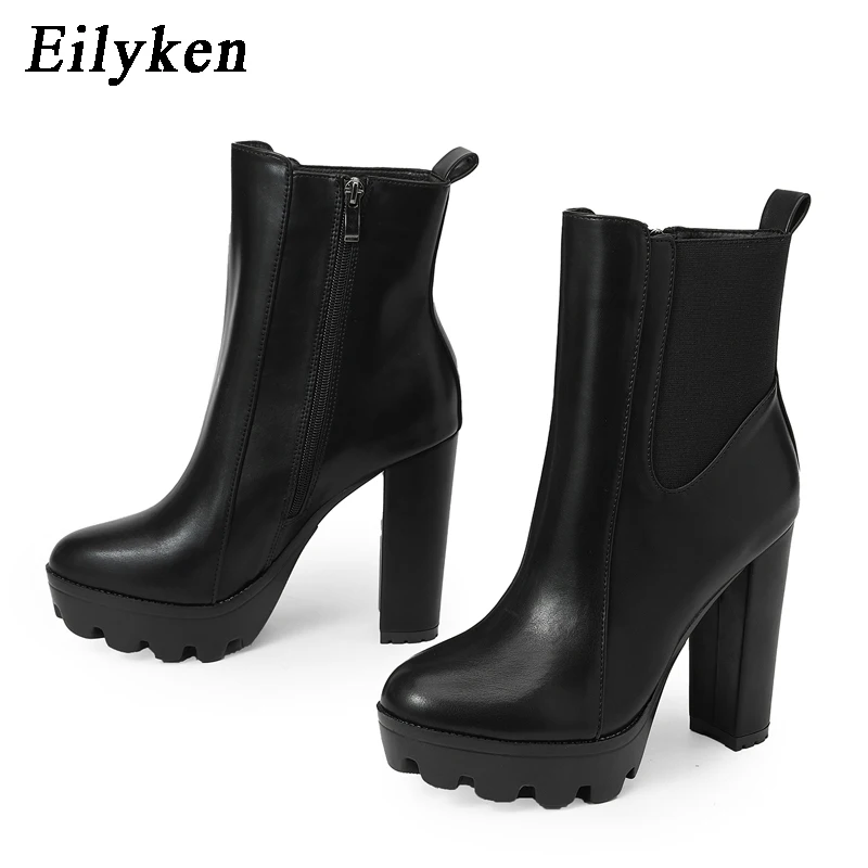 Eilyken New Fashion Chunky Platform Women Ankle Boots Concise Zipper Soft Leather Short Booties Square High Heels Shoes