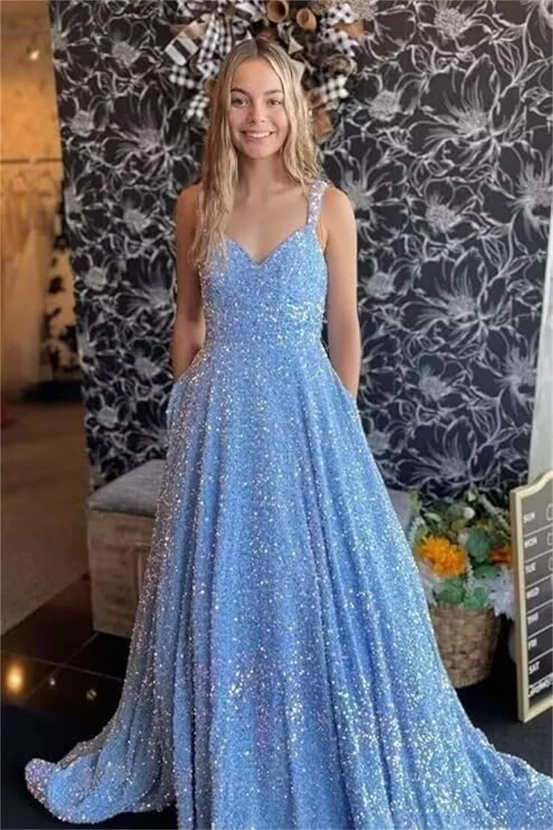 

Customized Women's Spaghetti Straps Sequin Prom Dresses Sparkly Long V Neck A-Line Formal Evening Party Gown with Pockets