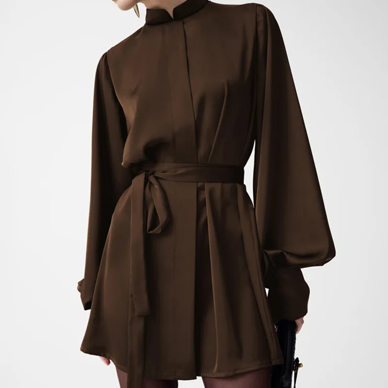 

Elegant Solid Color Short Dress 2025 Autumn New Waist-gathered Lantern Sleeve Dress Women
