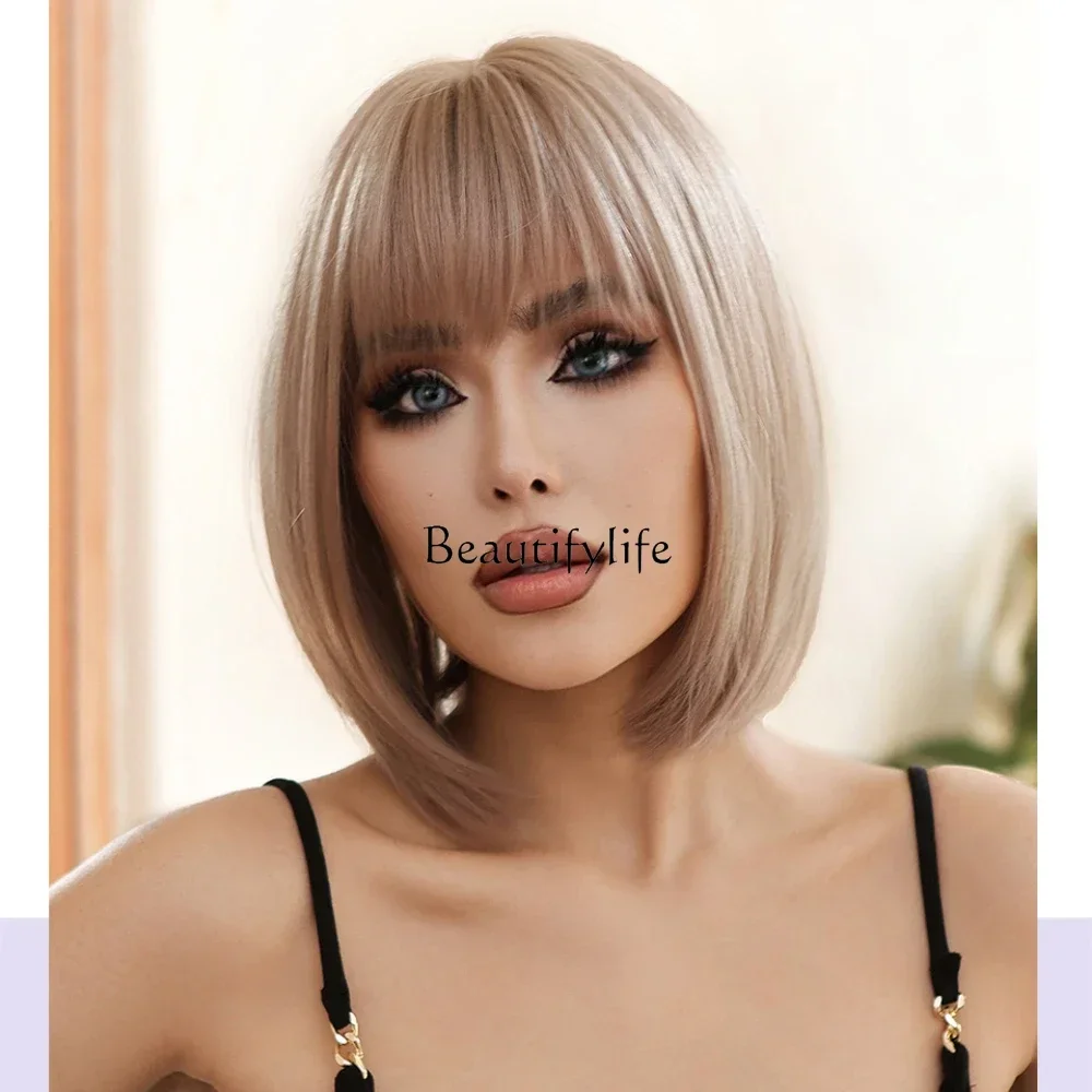 

Champagne brown short straight hair fashion age-reducing bobo head natural seamless wig full head cover