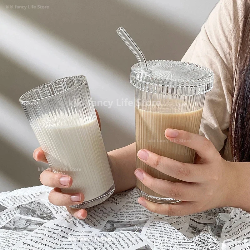 375Ml Simple Stripe Glass Cup With Lid and Straw Transparent Bubble Tea Cup Juice Glass Beer Can Milk Mocha Cups Breakfast Mug