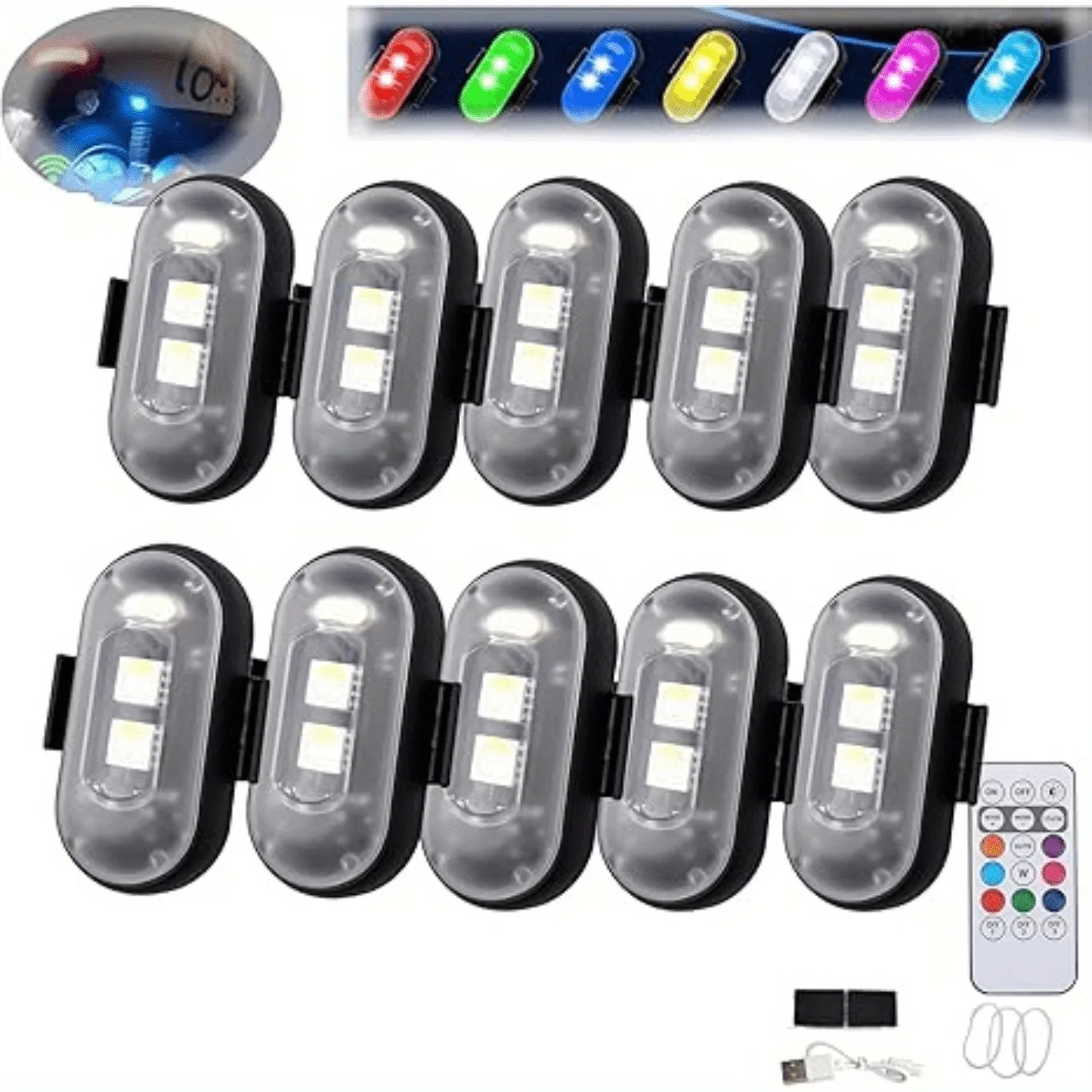 10 Pieces LED Flashers - 8 Colors Crash Lights with Remote Control, Rechargeable, for Cars, Motorcycles, Bicycles