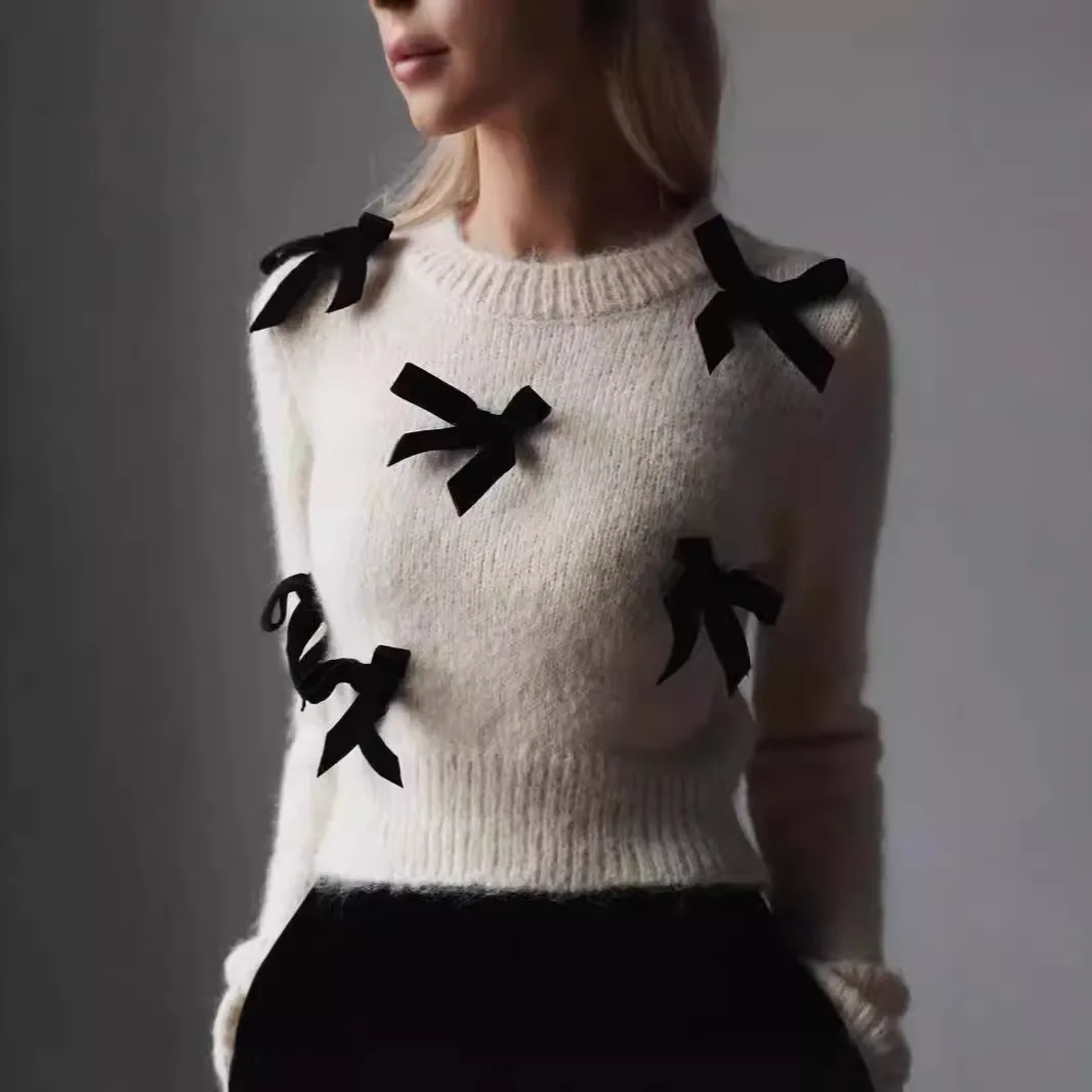 

Bow Splicing Long-sleeved Round Neck Pullover Sweater, Women's Autumn and Winter Solid Color Personality Trend Knitted Sweater