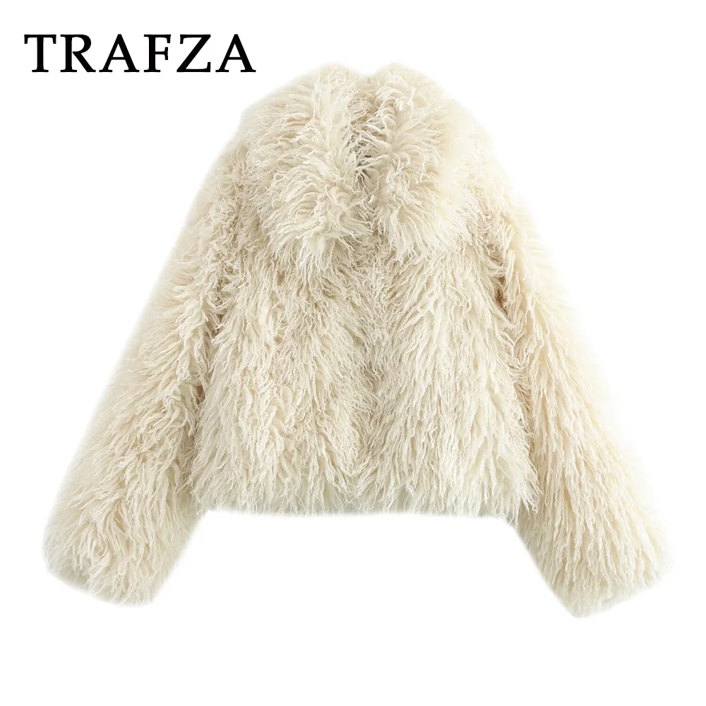 TRAFZA Chic Beige Winter Furry Tassel Faux Fur Club Women Jacket Luxurious Fashion 2024 Elegant Outwear Night Party Noble Coat