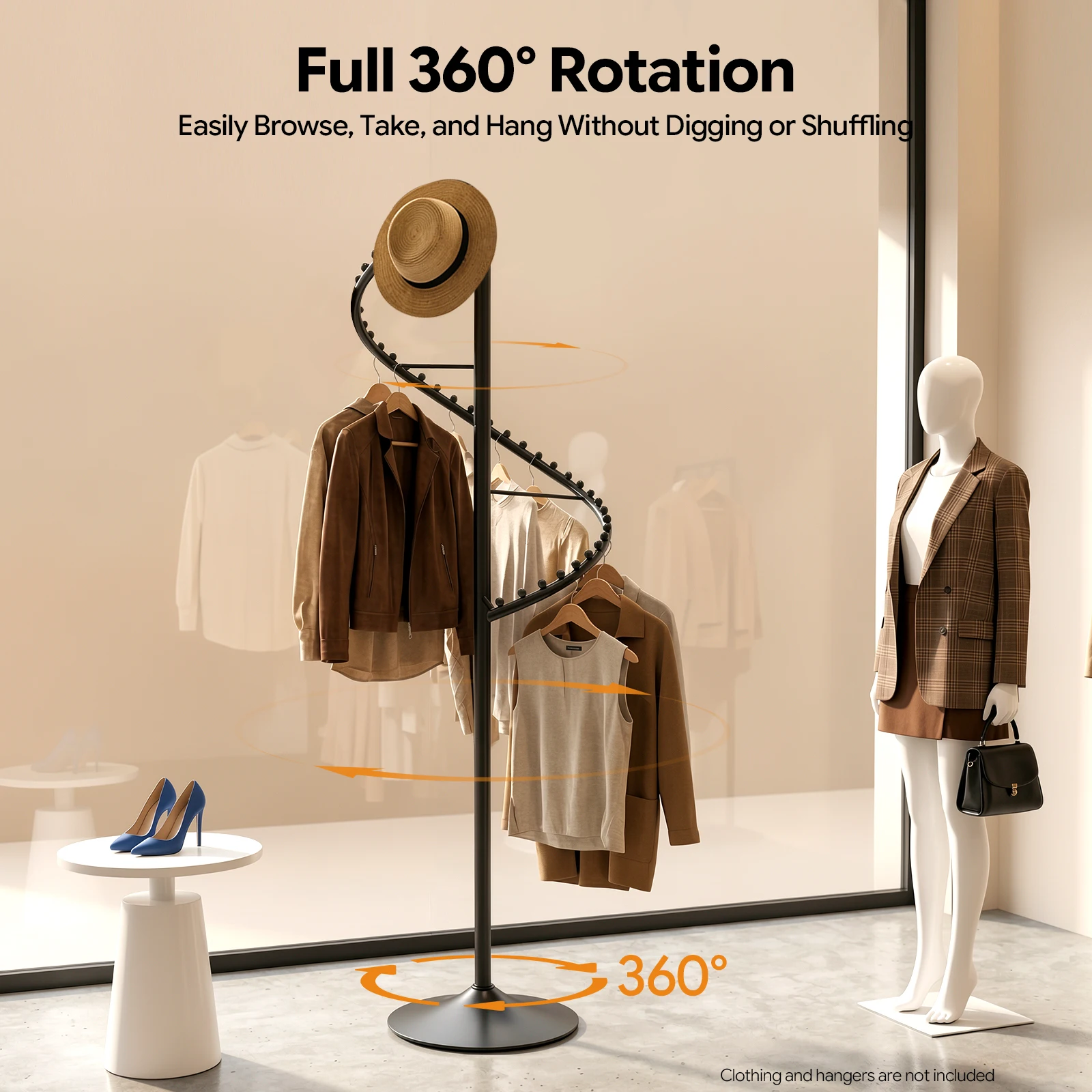 NEWEST Spiral Rotating Clothing Rack 360° Retail Garment Rack 38 Ball Heavy Duty Black for Store Bedroom Living Room