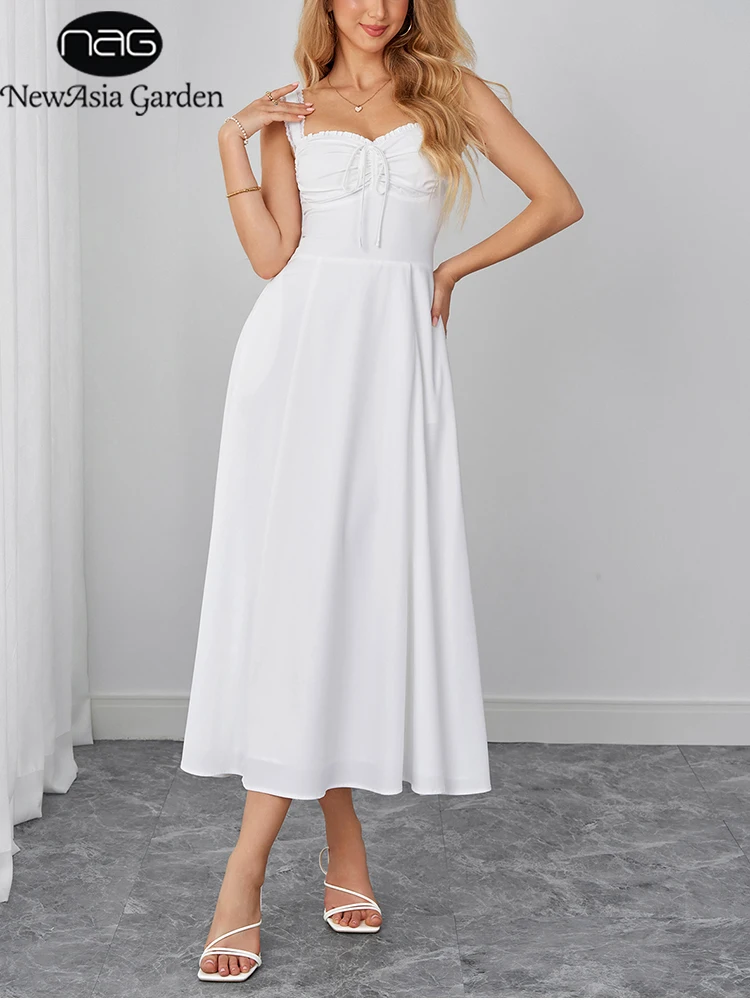 

NewAsia Women's White Midi Dress 2026 Summer Lace Straps Back Lace Up Ruched Bust A-Line Dress with Pockets Wedding Guest Party