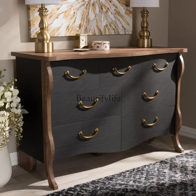 

L*American solid wood against the wall antique storage seven-chest cabinet French retro multi-functional entrance cabinet