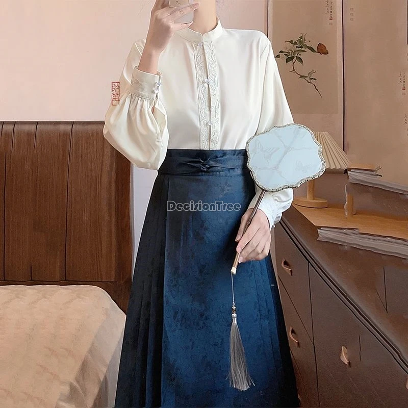 2024 new chinese national solid color jacquard tang suit top stand collar double-breasted hanfu top retro elegant tea art blouse