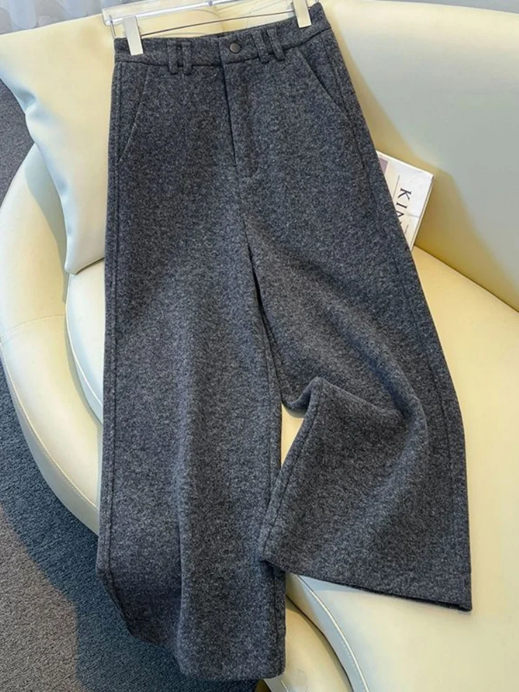 Hohe Taille Gerade Bein Woolen Breite Bein Hosen Kaffee Farbe Casual Hosen für Frauen Pendeln Sle Koreanische Version Reine Farbe