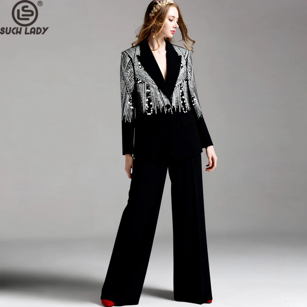 

White Sequin Blazer and Wide Leg Pants 2 Piece Set for Women - Elegant Sequined Formal Suit for Party, Wedding, Event