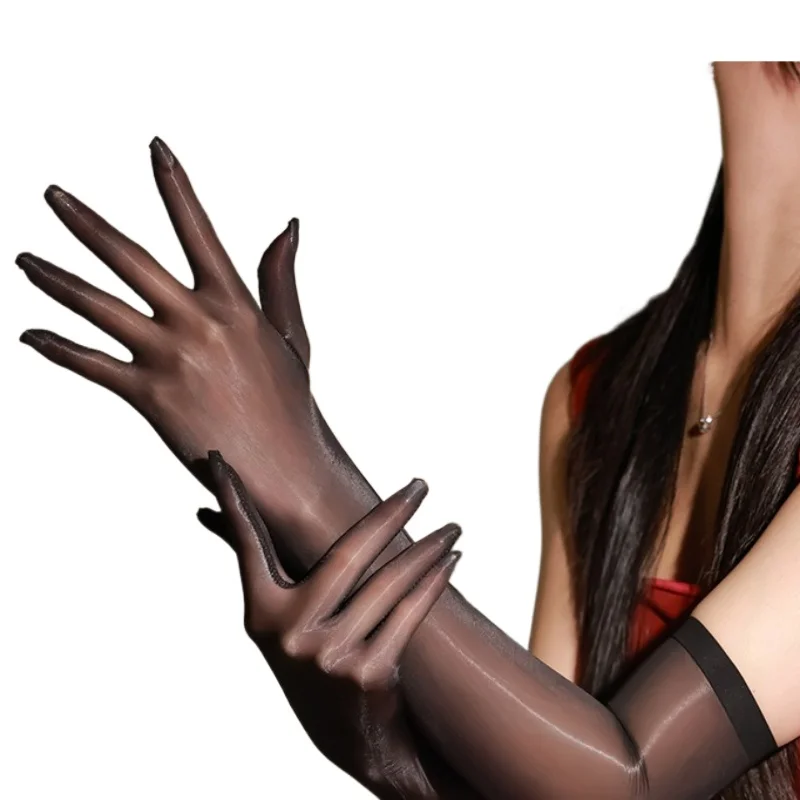 Women Sexy Five-Finger Gloves Oil Shiny Glossy Temptation Silky Touch Transparent Long Sunscreen Ultra-Thin Glove Erotic Apparel