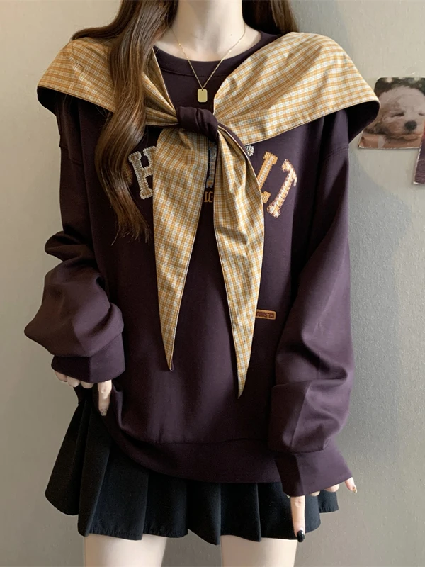 

plus Size Women's Hooded Plaid Sweatirt Letter Print Oversized Belly Concealing Slimming Base Layer Top Korean Sle Long S...