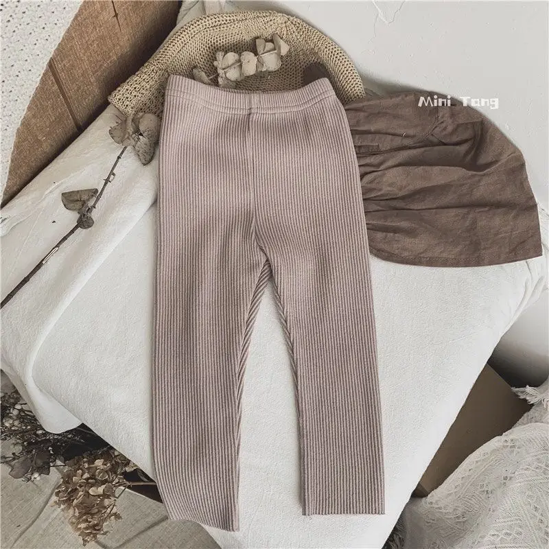 2025 Spring Autumn New 0-7 Years Girls Thermal Knit Pants Baby Kids Trendy Korean Style Soft Stretch Solid Color Long Leggings
