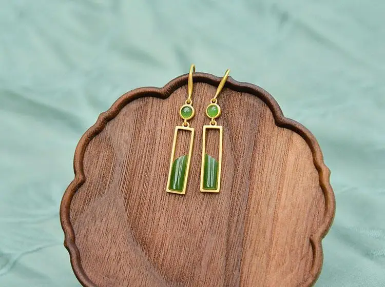 925 Sterling Silver Jewelry 18K Gold Plated Natural Jade Geometric Vintage Drop Earrings for Women Wedding Party Jewelry Gift 3