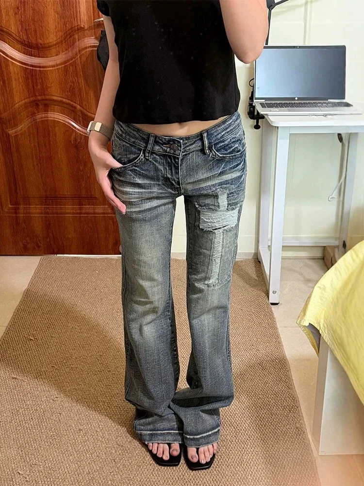 Low Waist Denim Jeans Women's Ripped Straight Leg Flared Pants Vintage Cross Design Stretchy Slimming Bootcut Trousers