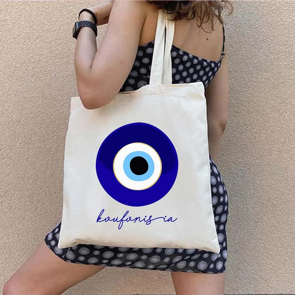 Psychedelic Evil Eye Blue Greek Rainbow Mandala Shopper Canvas Tote Bag Turkish Mashallah Shopping Bags Women Girl Hamsa Handbag