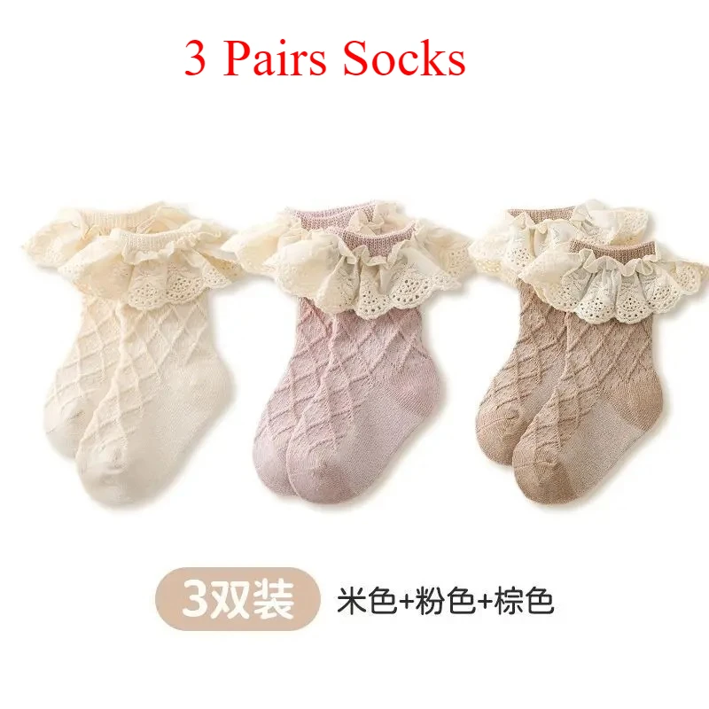 3 Pairs Baby Socks Spring Autumn Pure Cotton Mid Tube Bow Princess Socks Newborn Children Baby Girls Lace Socks