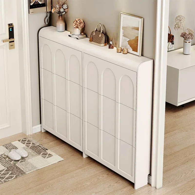 Cream wind ultra-thin tipping bucket shoe cabinet, indoor new 2024 explosion at the door of the home, integrated