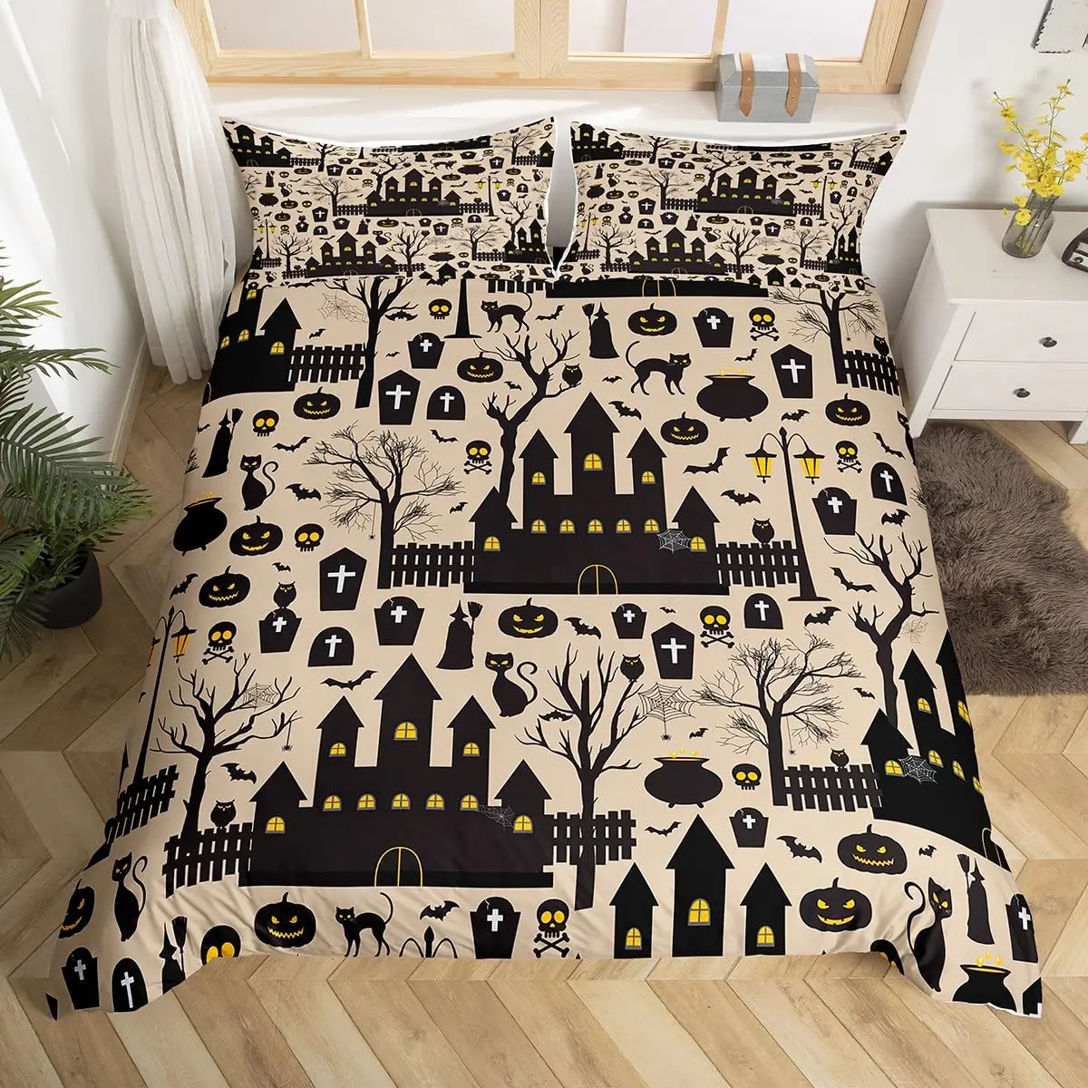 

Halloween Bedding Set Gothic Castles Trees Pumpkins Duvet Cover Spooky Owls Cats Bats Comforter Cover Horror Night Quilt Cover