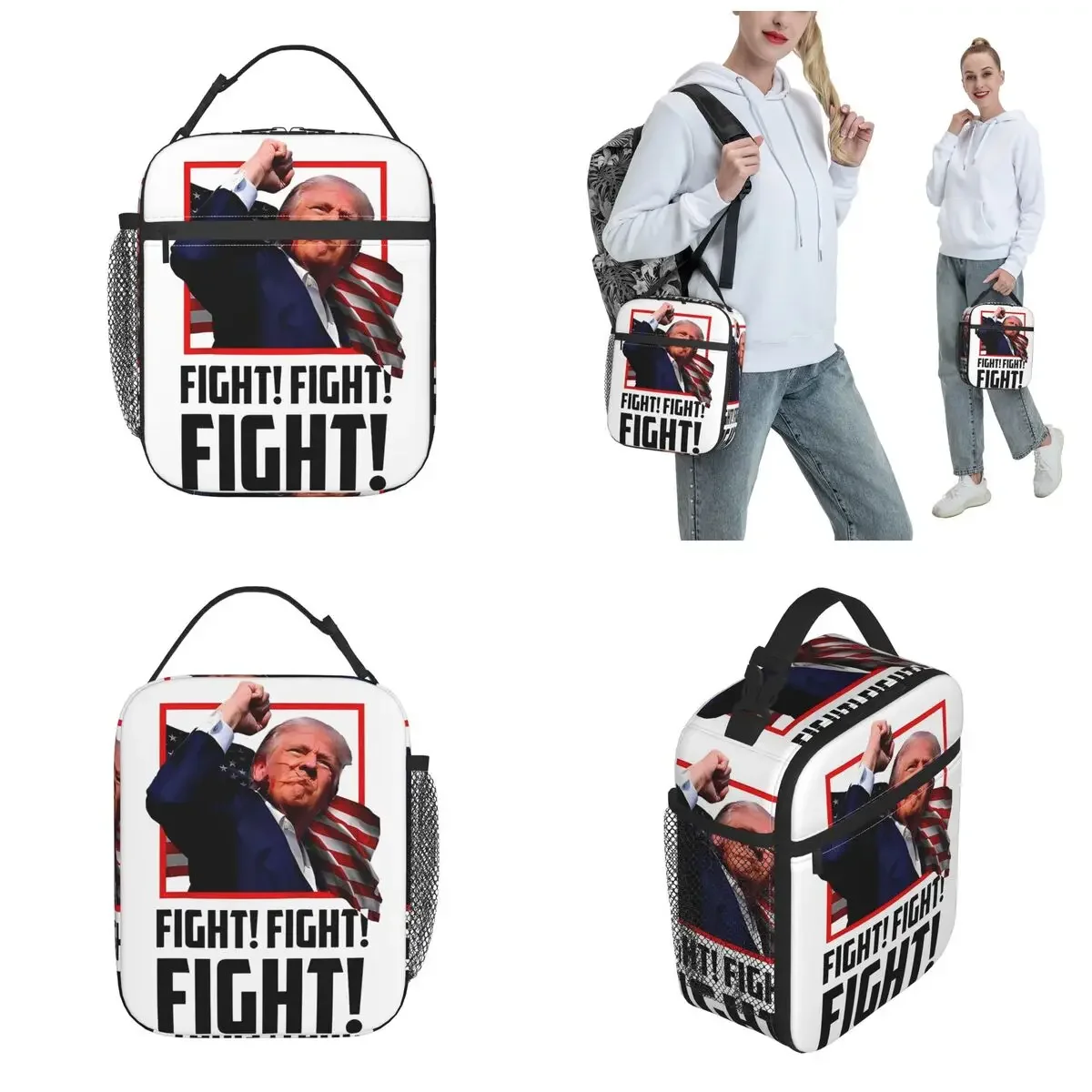 Donald Trump Fight Meme Insulated Lunch Bag Trump For 2024 President Food Container Bags Portable Thermal Cooler Lunch Boxes