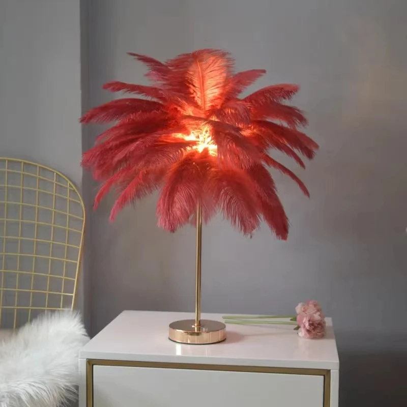 Modern nordic feather tree lamp ostrich feather table pink white bedside lamps romantic feather table lamp for wedding