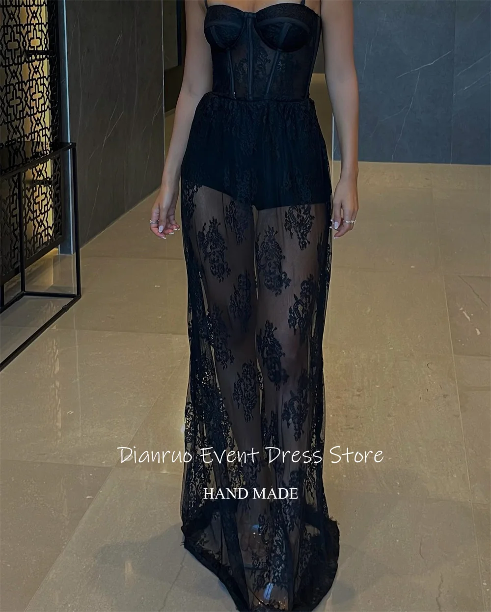 Dianruo Черное кружевное иллюзионное вечернее платье Длинное без бретелек Vestido De Novia Bodycon Spaghetti Strap Robe Soirées Chic Customized