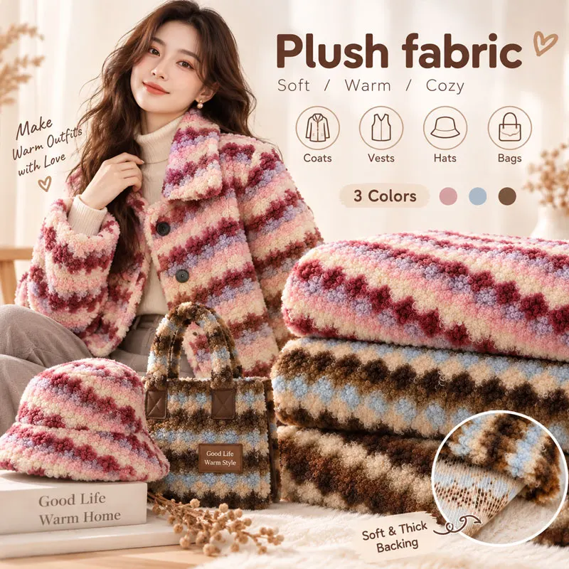 100cm Lamb Fleece Wheat Ear Printed Fabric Striped Cashmere Feel Cloth for Autumn Winter Coat DIY Sewing Pet Nest Making - view 2